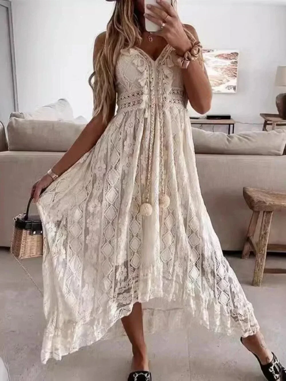 Women's Crochet Lace Maxi Dress Spaghetti Strap V Neck Cami Beach Boho Sundress - Picture 13 of 13